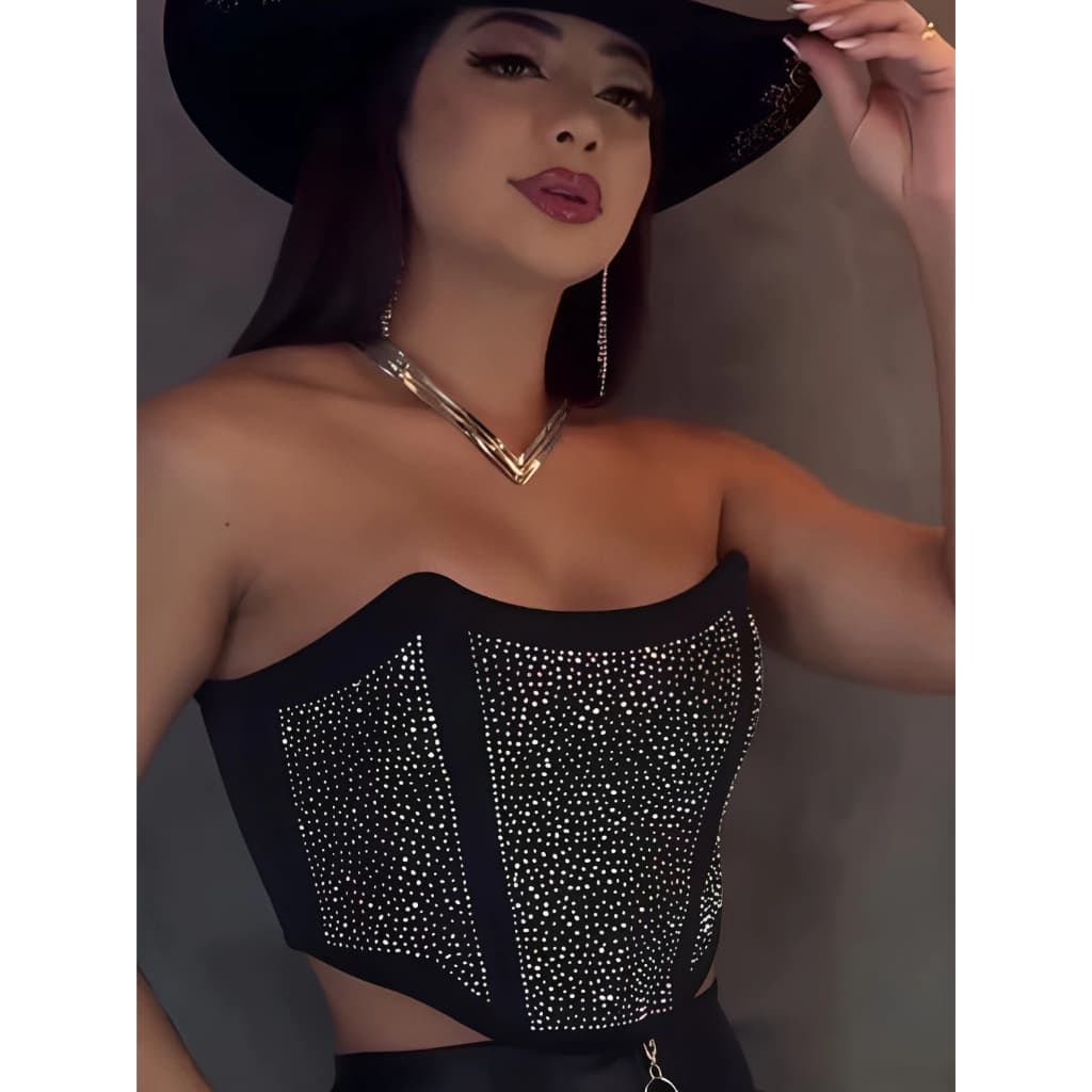 Top Cropped Corselet Tomara Que Caia Pedraria Strass