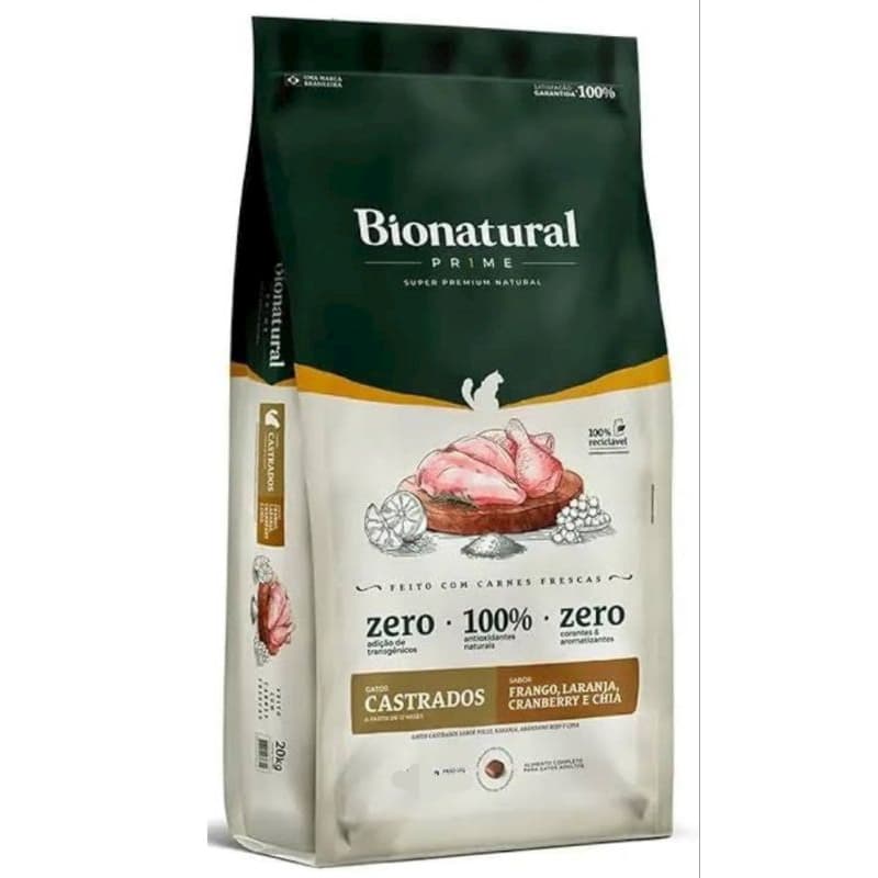 2kg Granel, BIONATURAL PRIME GATOS CASTRADOS FRANGO, Super Premium, ração para gatos, produzida pela Special Dog CO.