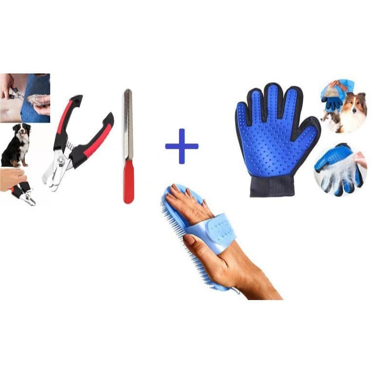 Kit Pet para Caes Gatos Alicate Tesoura Corte De Unhas + Lixa + Luva Pet Tira Pelos Faz Massagem + Raspadeira regulavel