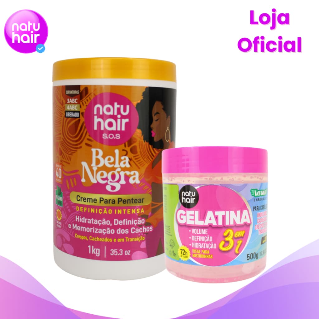 Kit Creme para Pentear Bela Negra 1kg +  Gelatina 3 em 1 Modeladora de Cachos Natuhair 500g