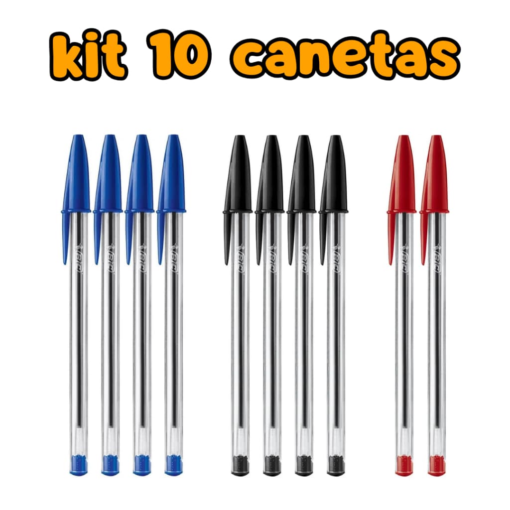 Canetas Bic Cristal Kit 10 Unidades (4 Azuis, 4 Pretas, 2 Vermelhas) - Escrita Suave e Durável