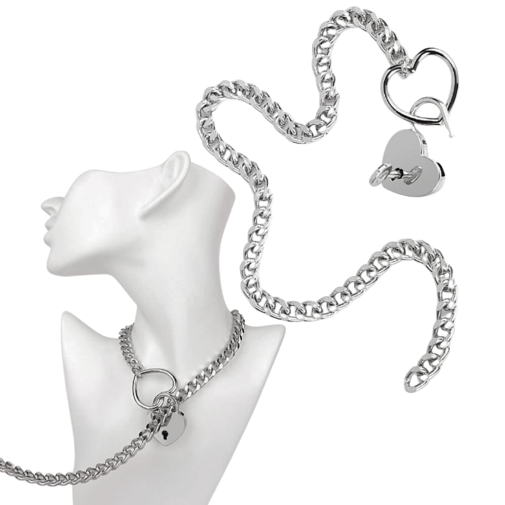 Choker Colar Corrende com Cadeado de Coração com Chave Prata Puxar Colar Coleira Fetiche