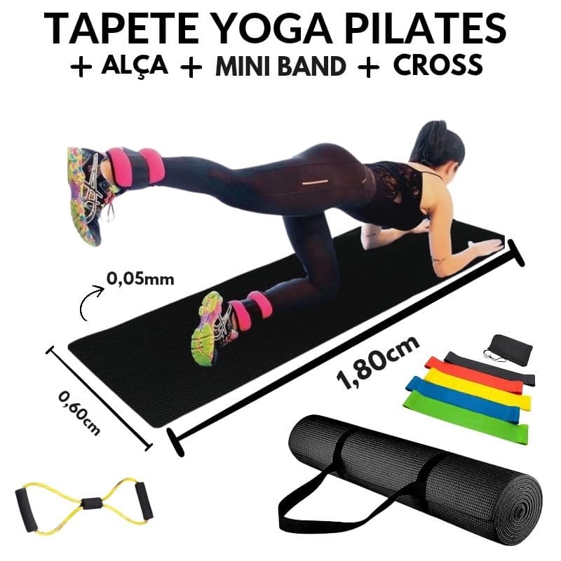 Tapete Yoga Pilates 1,80m + Mini Band + Cross Tube Alongamento Funcional Treino