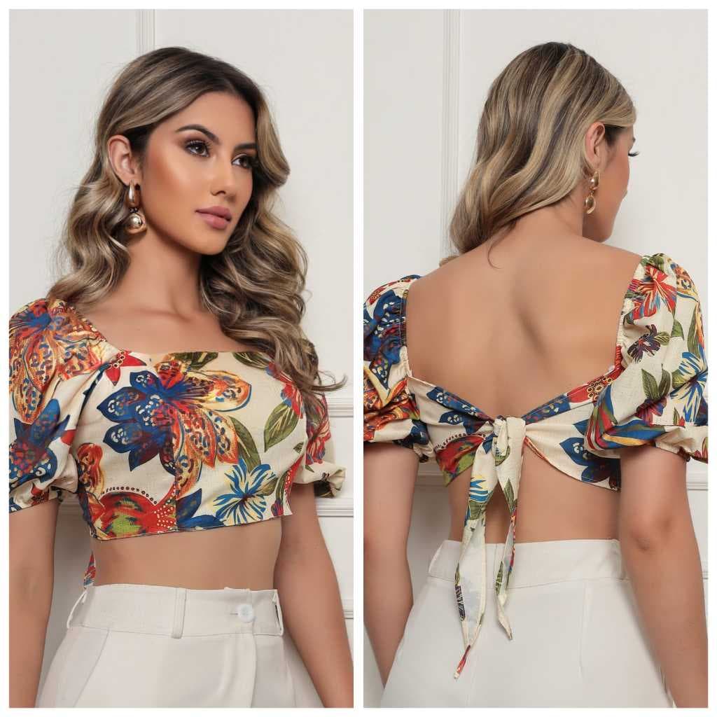 Blusa De Cropped Com Bojo Estampa Manga Princesa Multicilorido Top Feminina crepinho