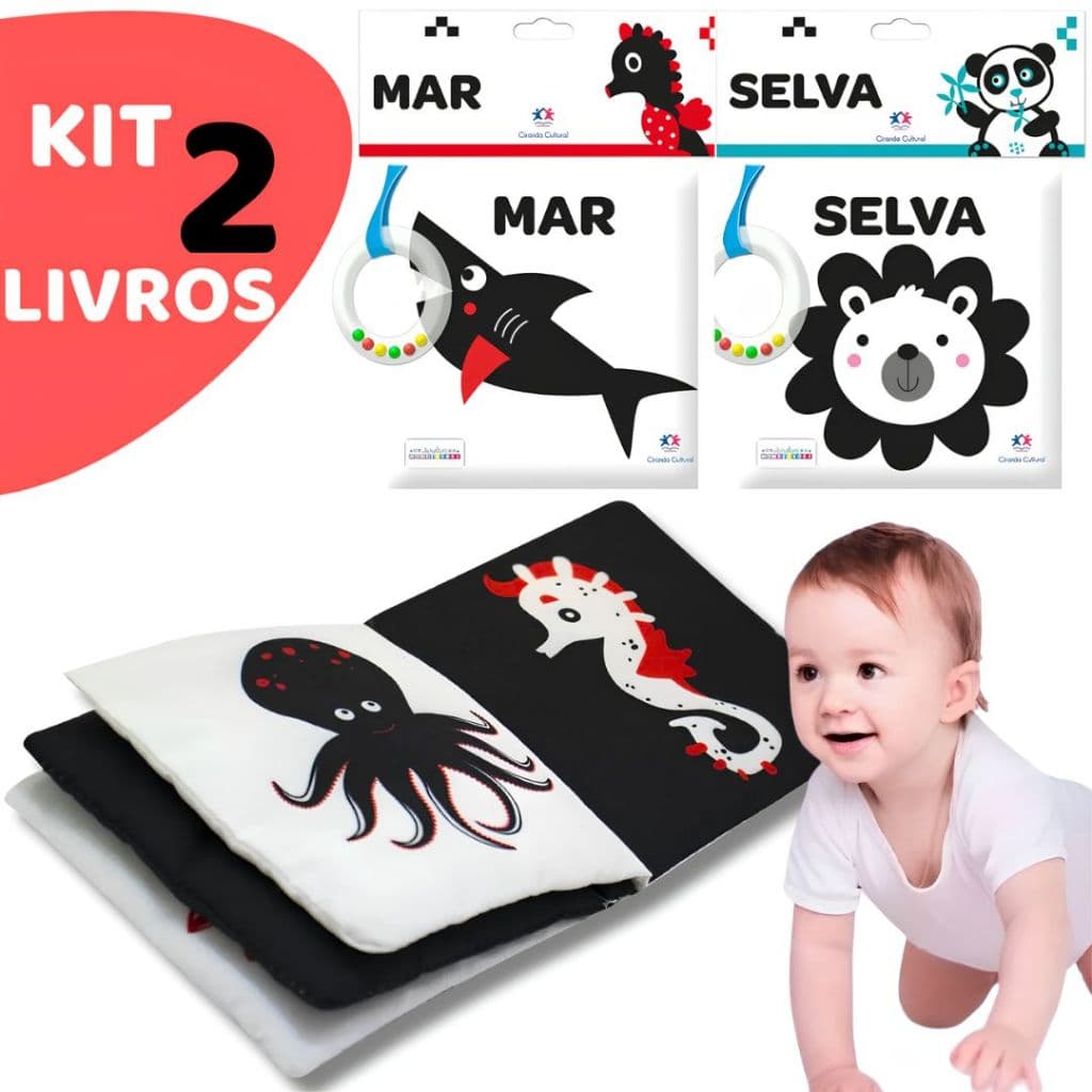 Kit 2 Livros De Pano Montessori Com Chocalho - Alto Contraste- Desenvolvimento Cognitivo 6 Meses