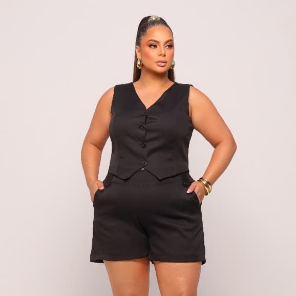 Conjunto Feminino Alfaiataria Colete E Short Com Elástico Plus Size Elegância E Conforto
