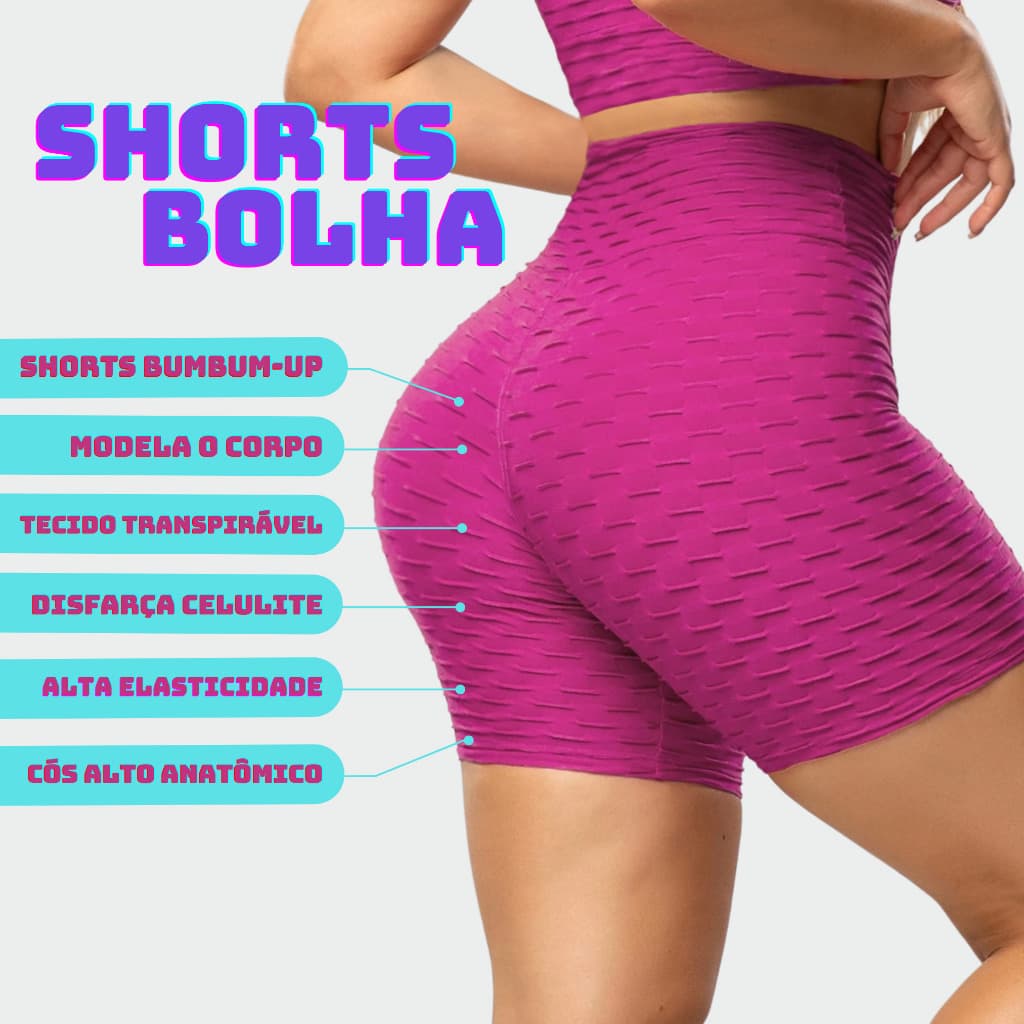 Bombey Shorts Feminino Bolha Suplex Empina Bumbum Cós Alto de Compressão Academia Cintura Alta 3D