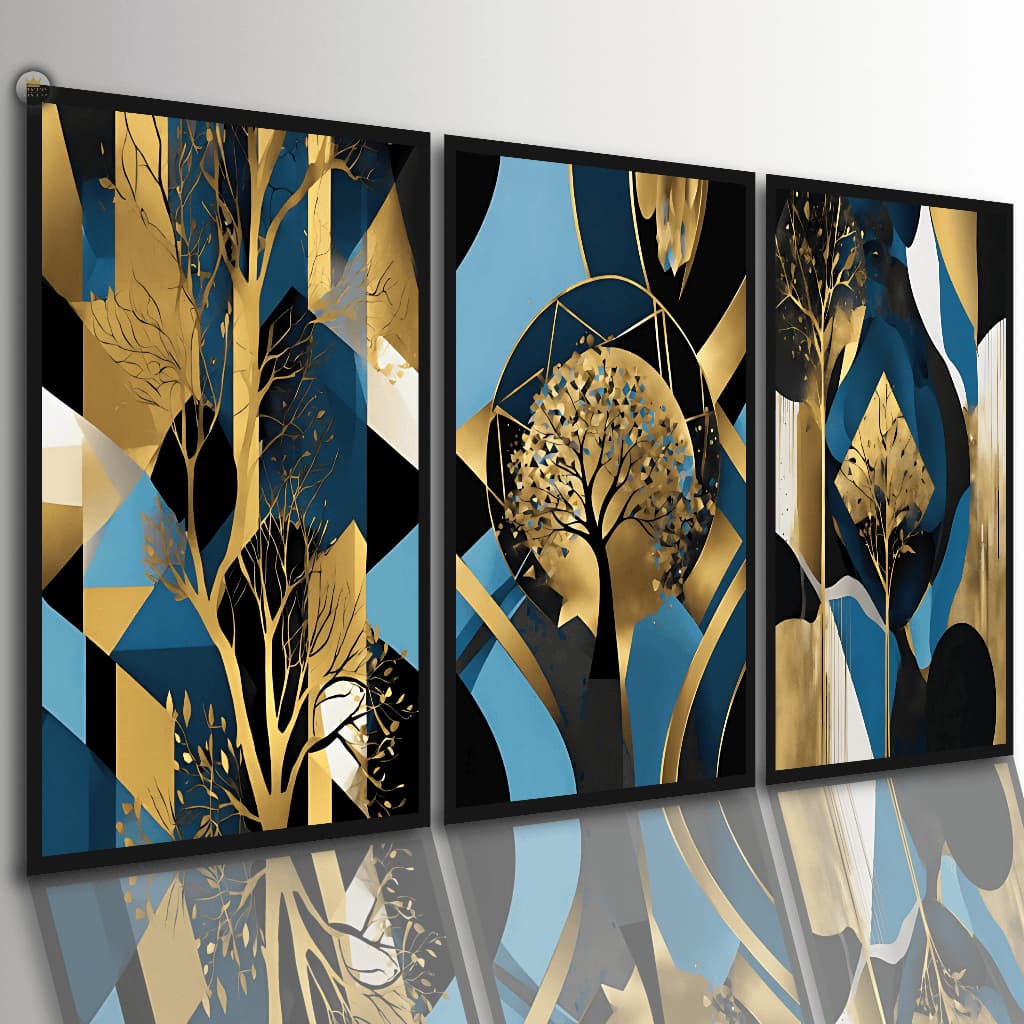 Quadros Decorativos Abstrato Árvore Da Vida Dourado Geométrico 3Pçs Sala Quarto