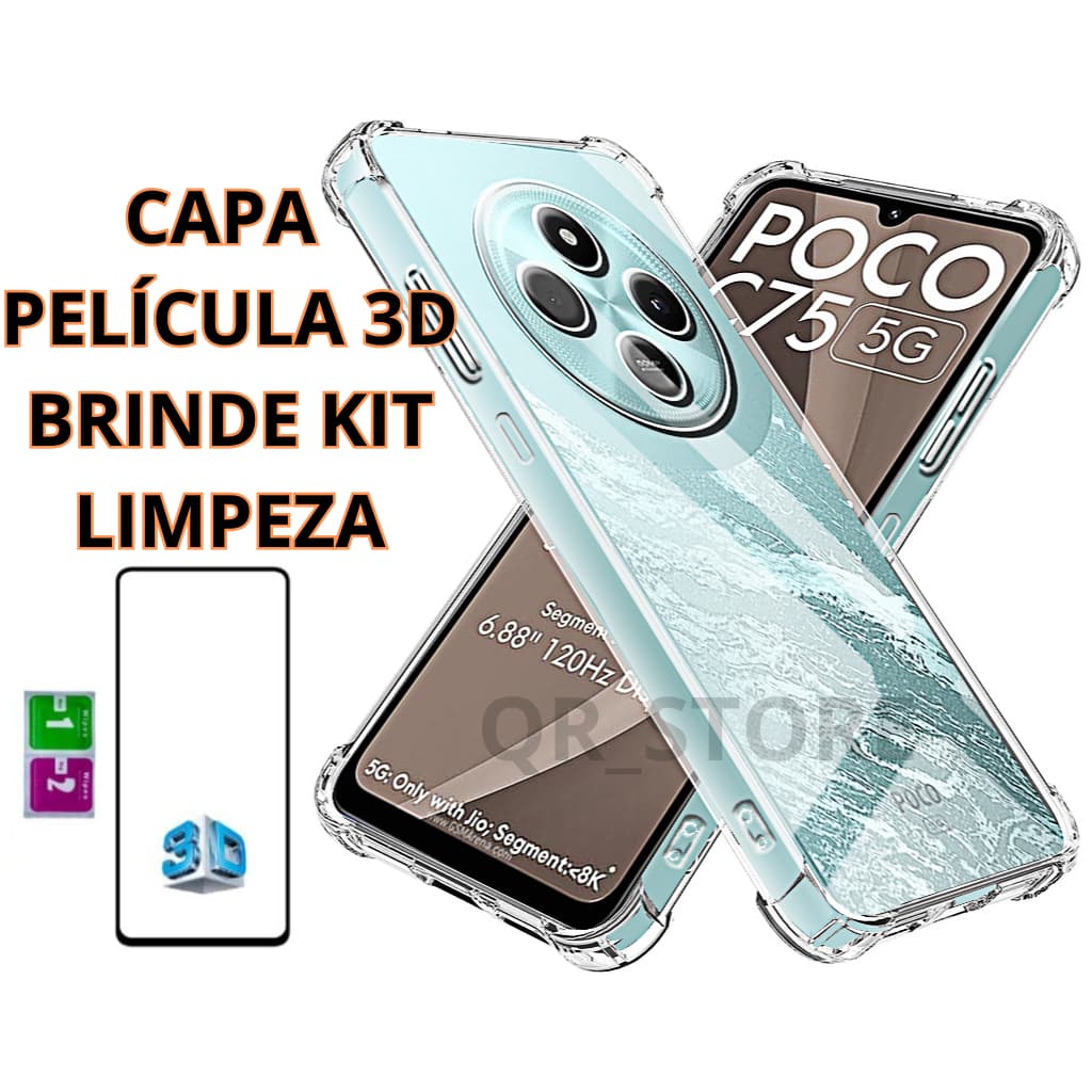 Capinha para Poco C75 - CAPA Redmi 14C Transparente + Película 3d kit Limpeza Brinde