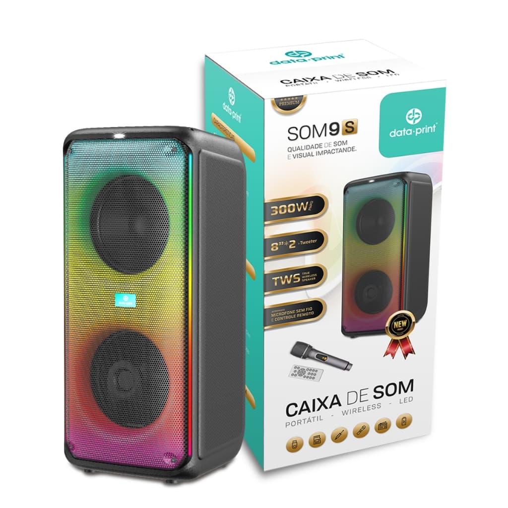 Caixa de Som Bluetooth RGB USB Karaokê Com Microfone DataPrint SOM9S