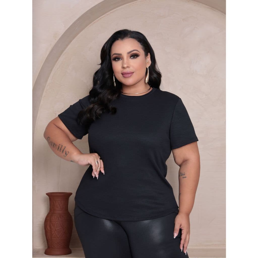 Blusa Plus Size Feminina Manga Curta Ribana Canelada T-SHIRT