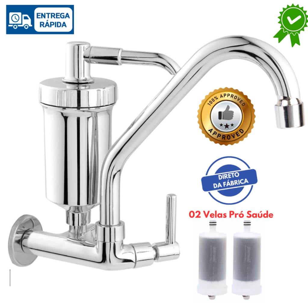 Torneira Cozinha Parede 100% METAL com Filtro Cromado e 2 Velas Grátis