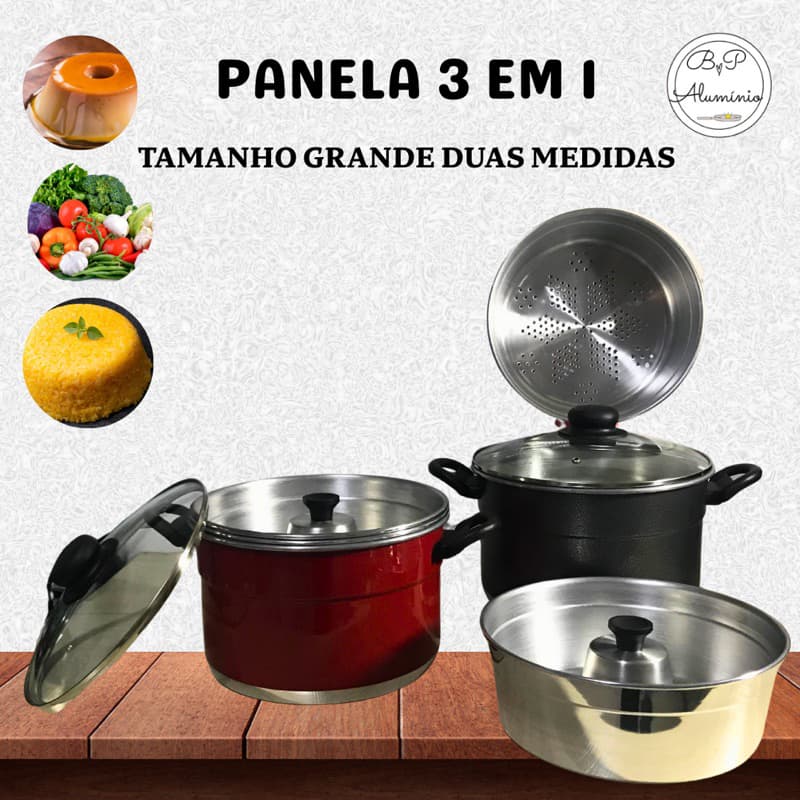Panela 3 Em 1 Tamanho Grande 6 Litros Pudim Cuscuz Legumes Vapor Tampa De Vidro