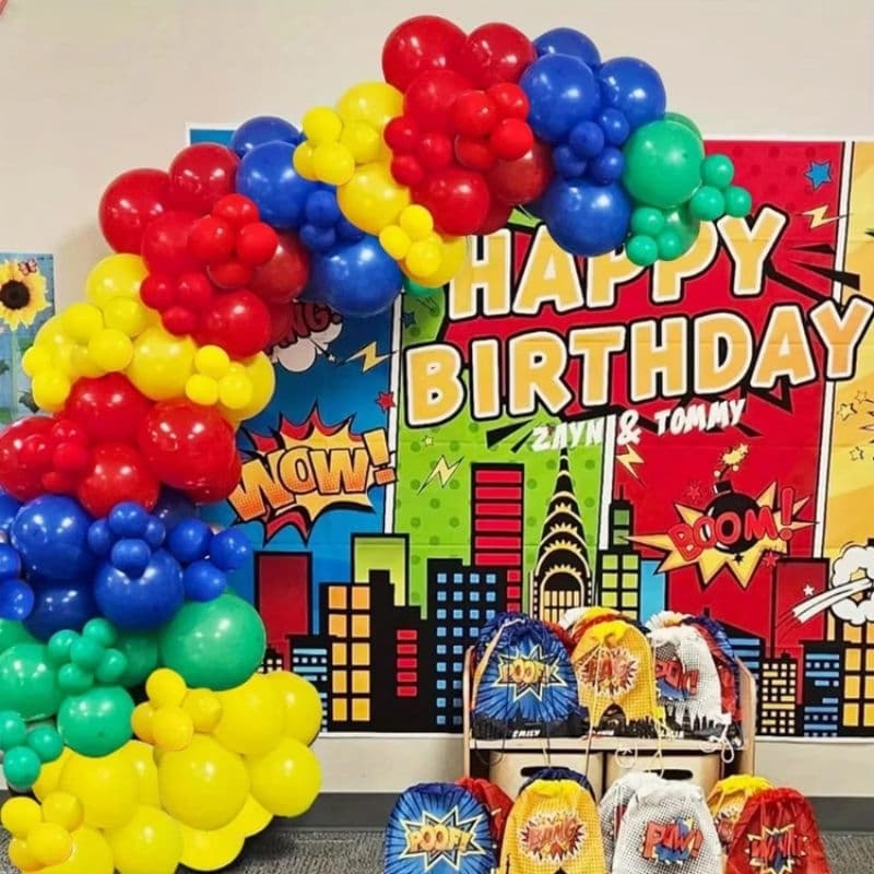 Kit 133 balões + fita e cola super heróis balões vermelho amarelo azul verde arco desconstruído Balões Coloridos 133