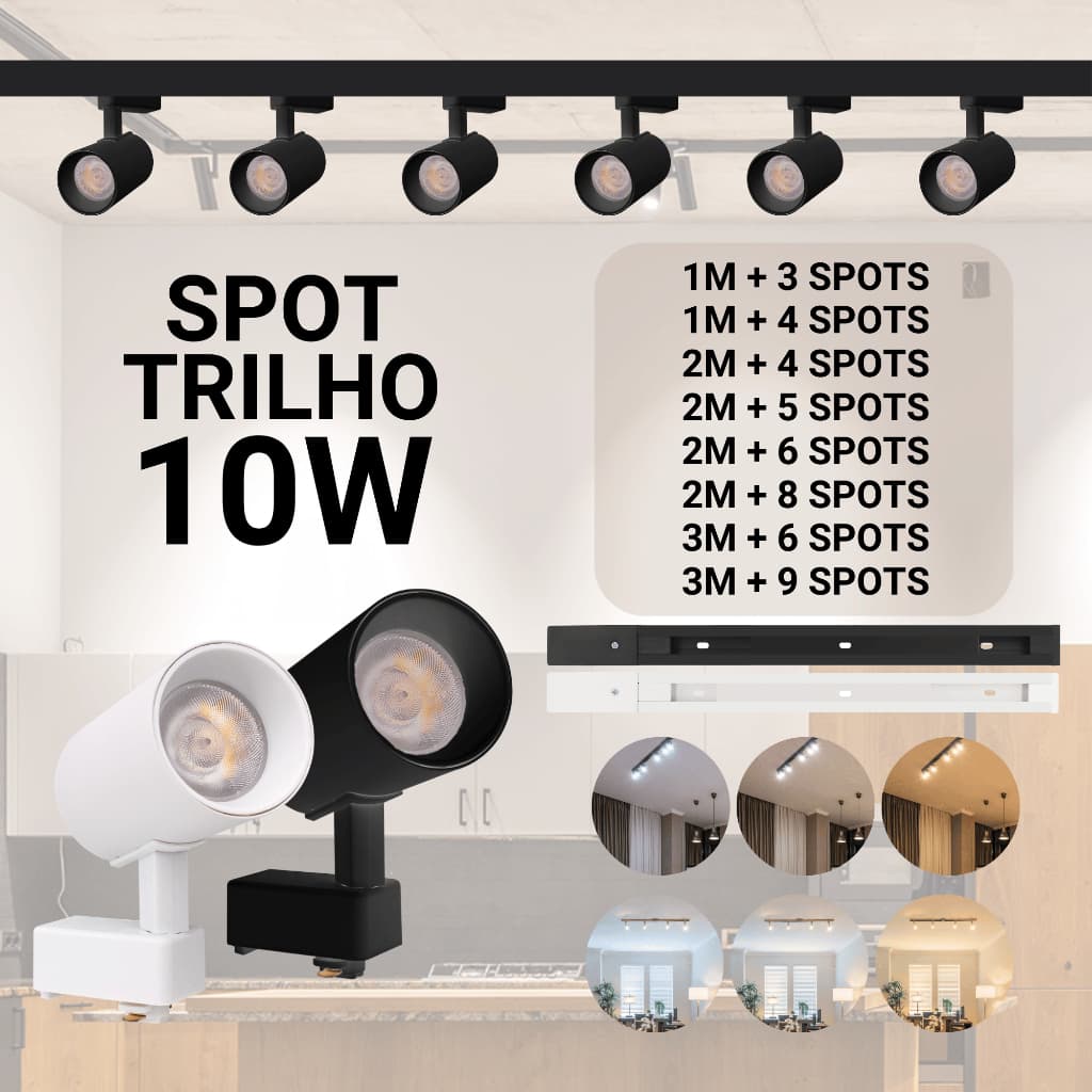 Kit Trilho Spot Led Preto Branco 10w Luz Branco Frio, Neutro ou Quente Interno Bivolt Eletrificado