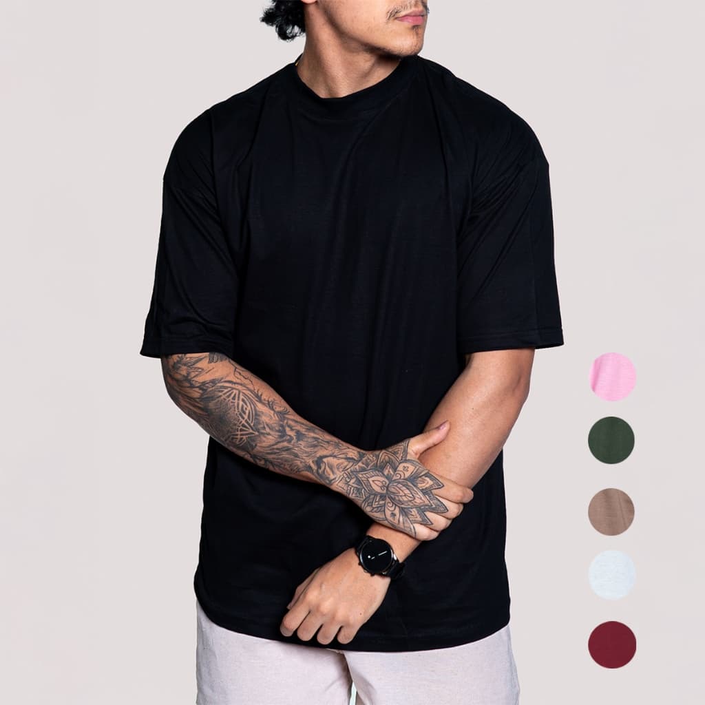 Camiseta Oversized Masculina Streetwear Gola alta Justa Camisa Larga Básica Lisa Ocasional Hip Hop Skate Algodão