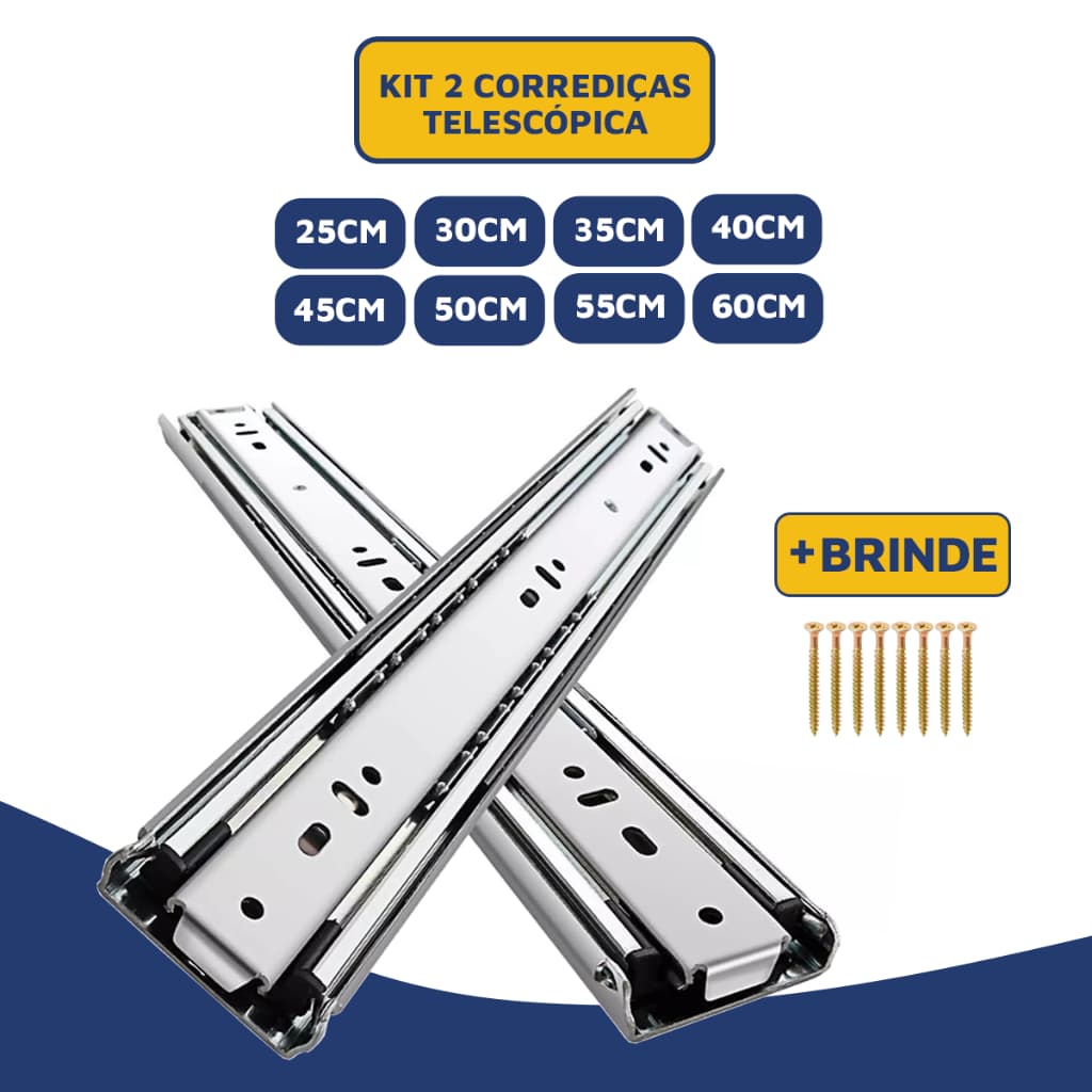 Kit 2 Trilho Corrediças Gaveta Telescópica 30kg - 25cm - 30cm - 35cm - 40cm - 45cm - 50cm - 55cm