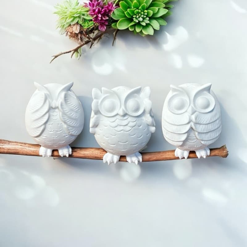 Trio Coruja Cego Surdo Mudo Gesso Decoração Enfeite Casa Sabedoria