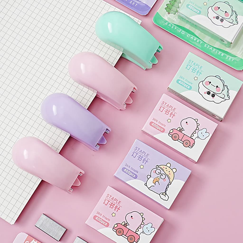 kit mini grampeador portátil com 400 grampos 24/6 para escola ou escritorio