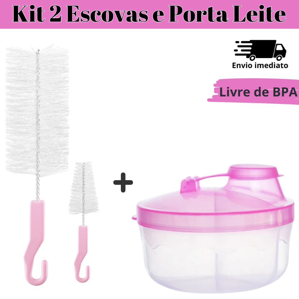 Escovas de Lavar Mamadeiras Kit com 2 Escovas + 1 Porta Leite Meninas e Meninos