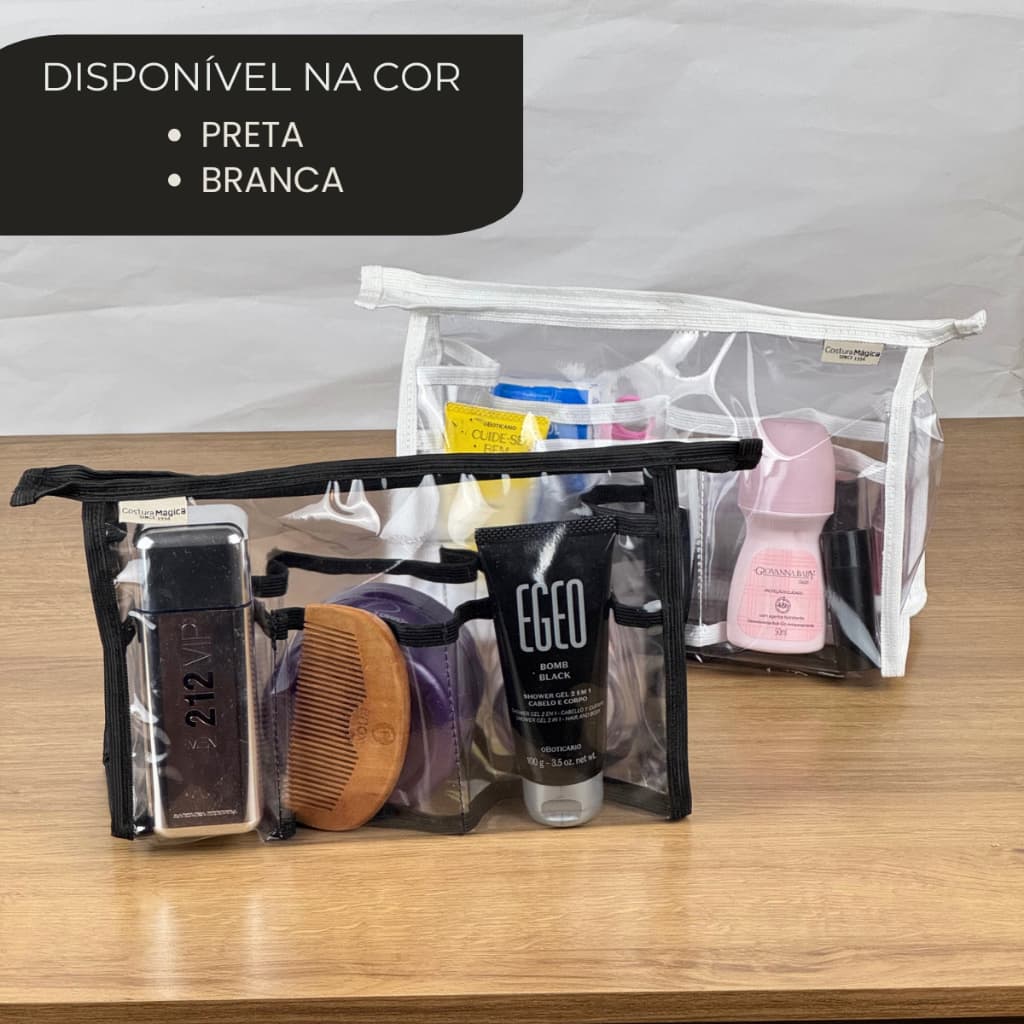 Kit Necessaire Grande Transparente com Divisória para Maquiagem Perfume Pincel - Viés Branco/Preto