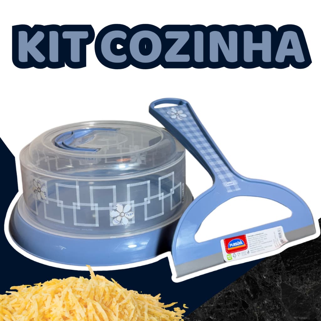 Kit Cozinha Queijeira + Rodo Pia Azul Decorado Plasutil Plastico Organização Cozinha Armazenamento