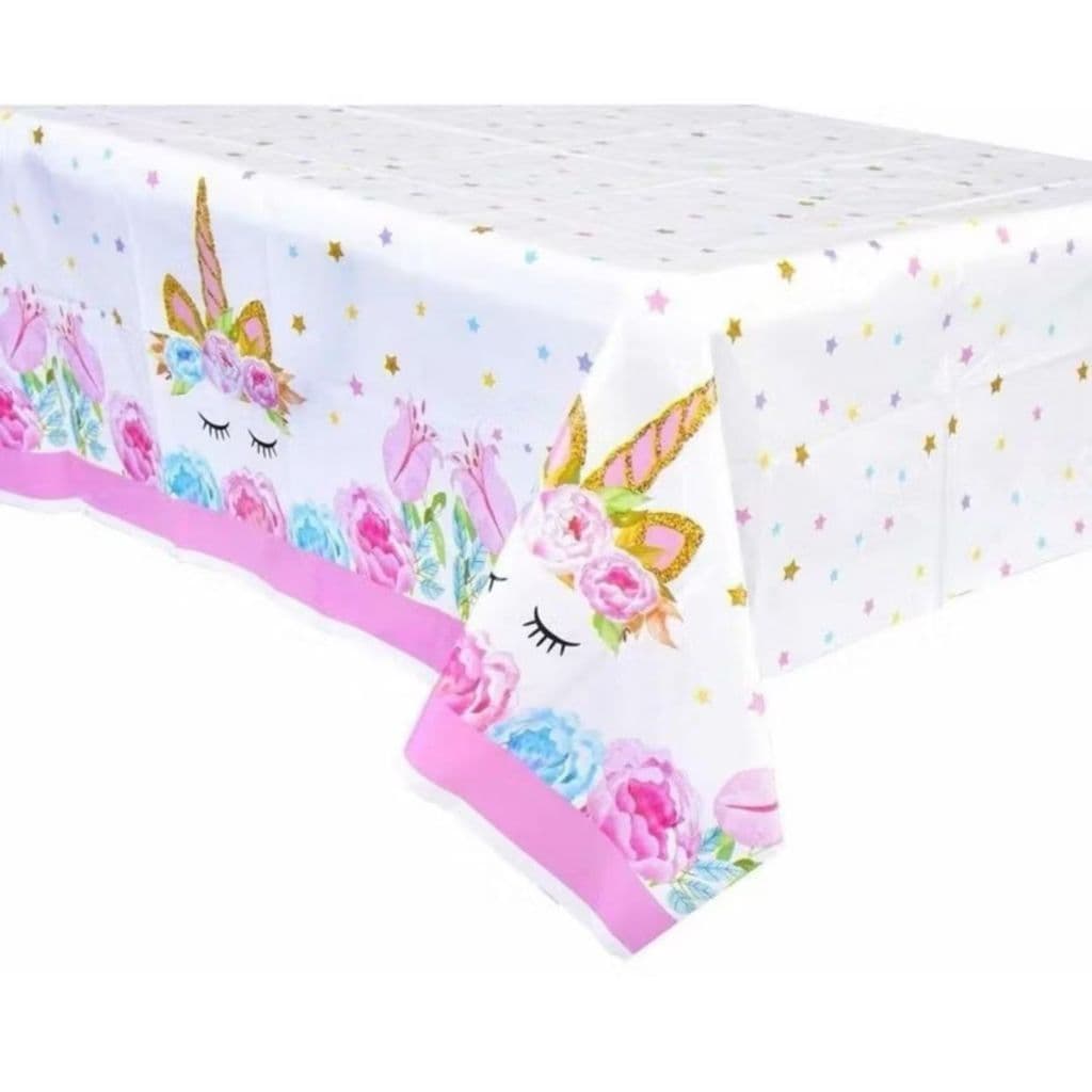 Toalha Plástica Festa Unicórnio Luxo 180x108cm Aniversario Unicornio Flores Decoração Festas Menina