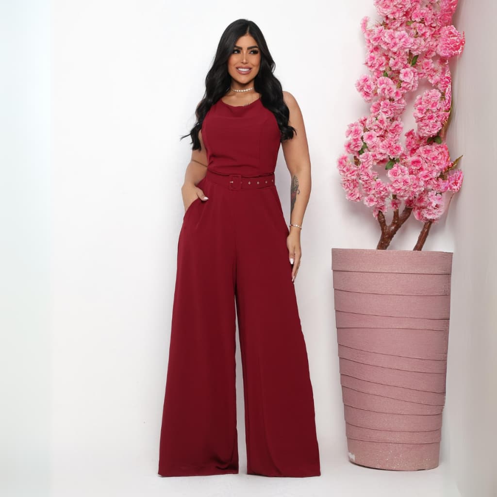 Macacão Feminino Longo Regata Pantalona Gola Redonda Slim Plus Size