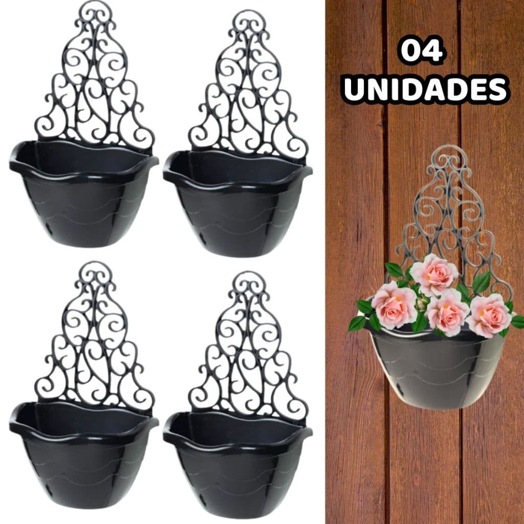 Kit 04 Vaso De Plantas Modelo Arandela 2,5 Litros Preto - Vaso De Parede Para Planta Objetos De Decoração Flores