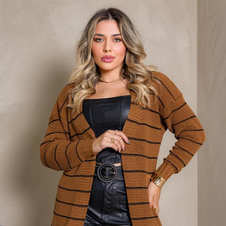 Casaco Feminino Comprido Longo Listrado no Tricot Cardigan Feminina Moda Lançamento Inverno