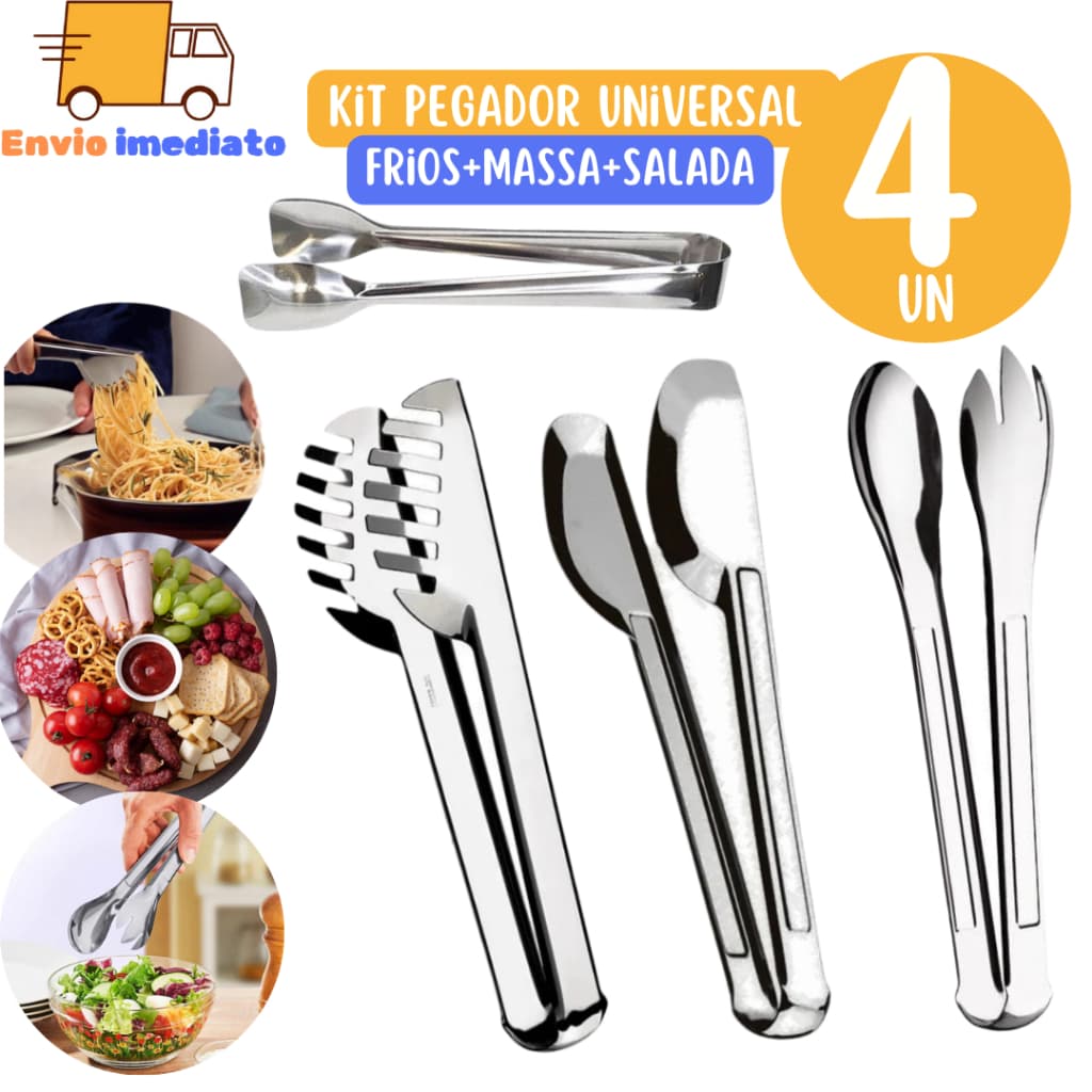 Kit 4 Pegadores Universal  Massas Salada Pegador de Frios Em Aço Inox Para Cozinha e Restaurantes
