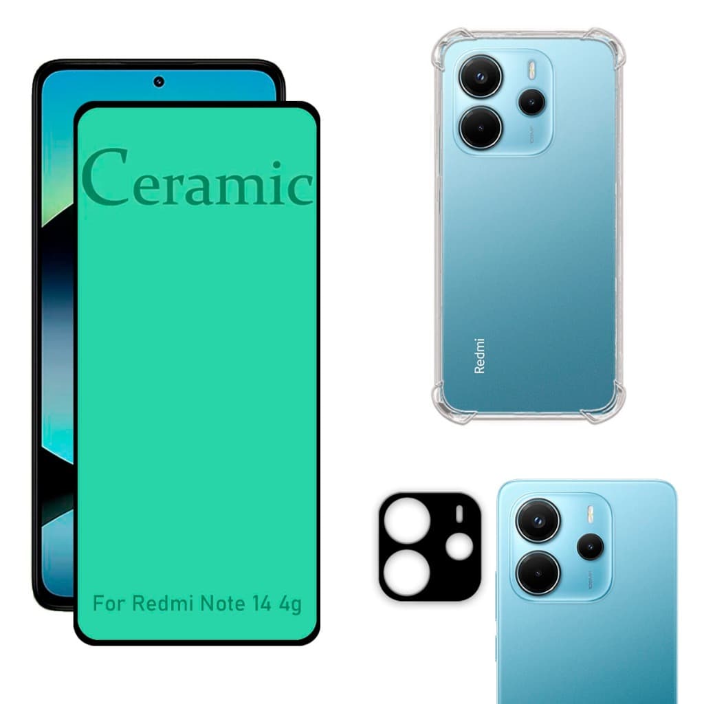 Kit Para Redmi Note 14 4G | Película de Cerâmica - Capa Anti Shock - Película da Câmera 3D