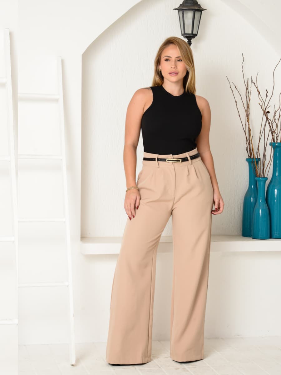 Calça Pantalona Alfaiataria Premium Wide Leg Social Com Cinto Para Trabalho