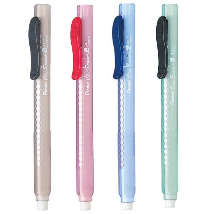 Caneta Borracha Clic Eraser Recarregável Corpo Translúcido Pentel Cores Rosa Verde Azul Preta