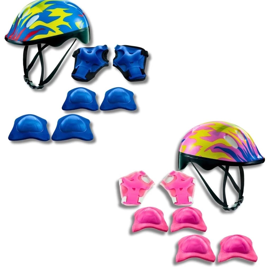 Kit De Proteção Capacete Infantil Cotoveleiras E Joelheiras Plástico Estampado Chamas