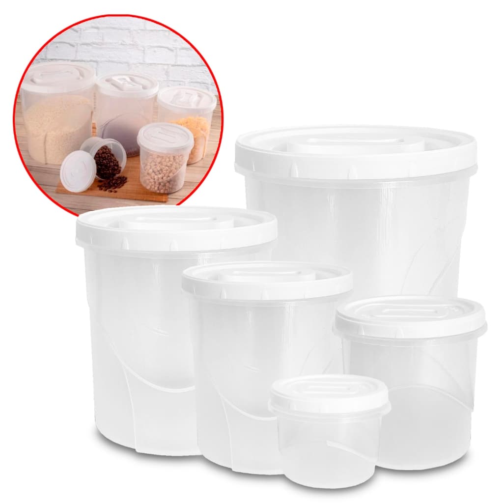 Conjunto 5 Potes Porta Mantimentos Jogo de Potes Redondo Com Tampa Rosca Para Cozinha Plasútil