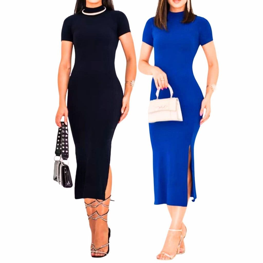 Kit 2 Vestido Midi Manguinha Elegante Gola Alta Fenda Lateral