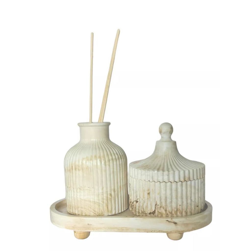 Kit Lavabo Aromatizador 3 peças Banheiro Decoração Gesso Marmorizado Bandeja Cachepô Porta Jóias