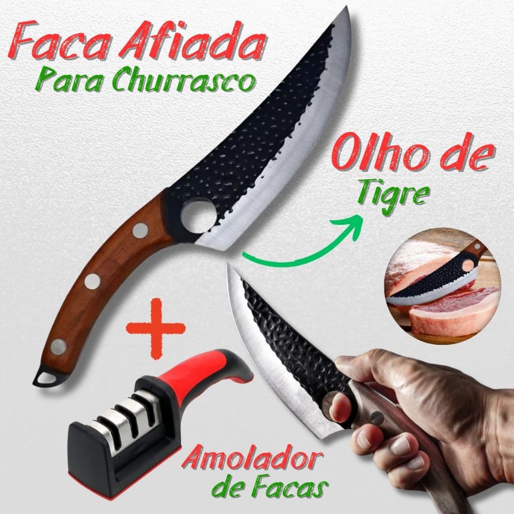 Kit Faca para Churrasco Profissional Artesanal Super Afiada C/ Bainha Lâmina Aço Inox Corte Afiado Culinária + Amolador