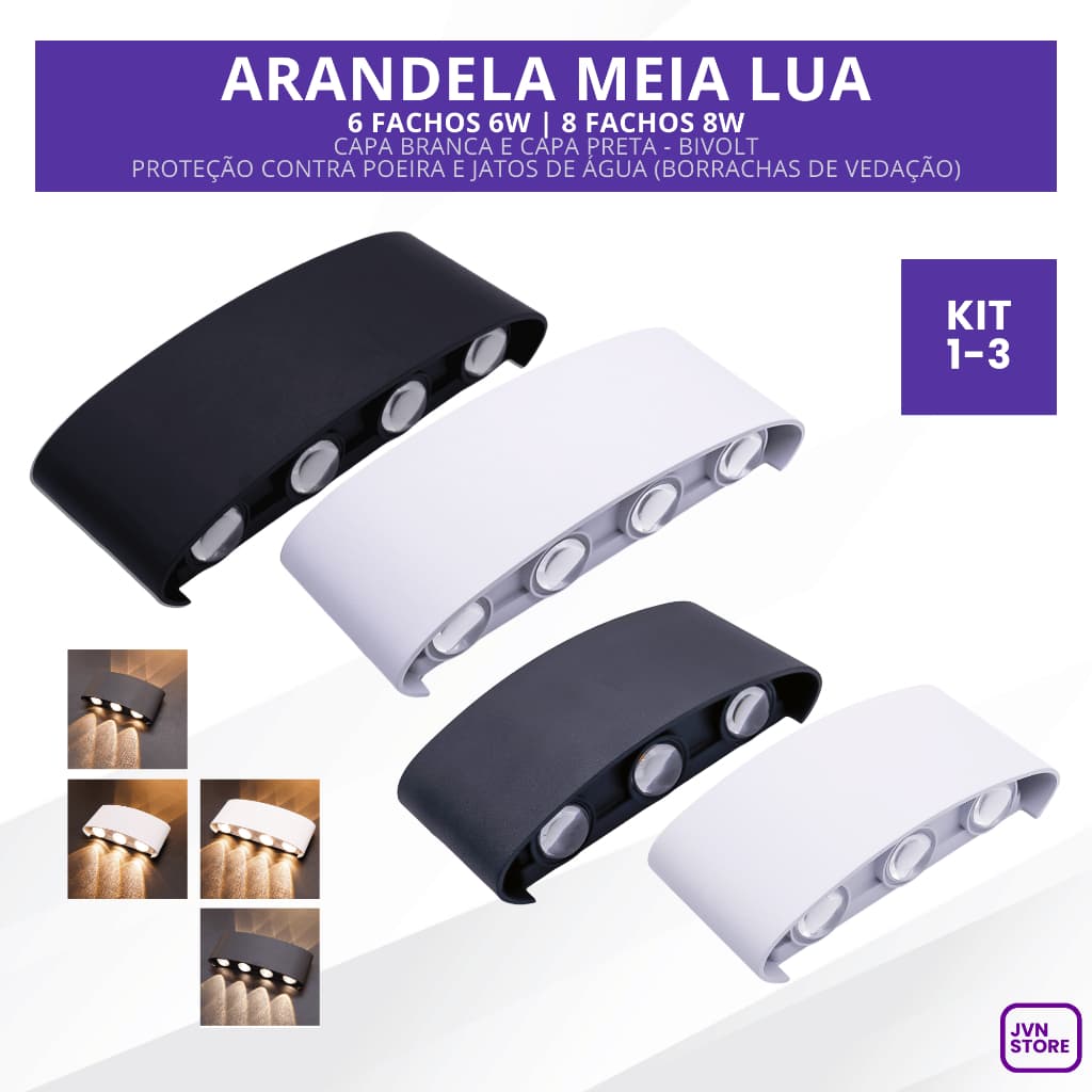 Arandela Meia Lua Preto ou Branco Led 6w 6 Fachos ou 8w 8 Fachos Ip66 Bivolt Branco Quente 3000k