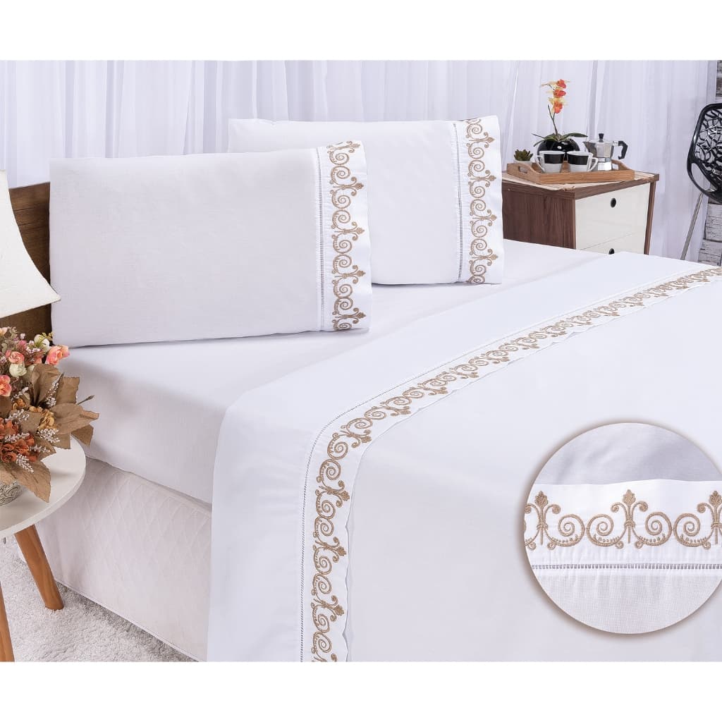 1 Lençol Casal Cama King Bordado com Ponto Palito e Bainha Percal 400 Fios Toque Macio