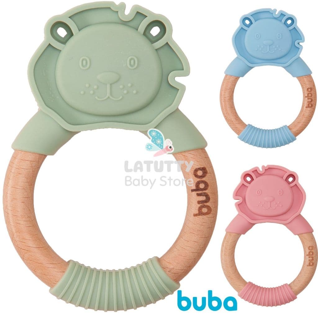 Buba Mordedor Bebê Silicone Bambu Massageador Gengiva Brinquedo Bebe Buba Leãozinho Azul Verde Rosa