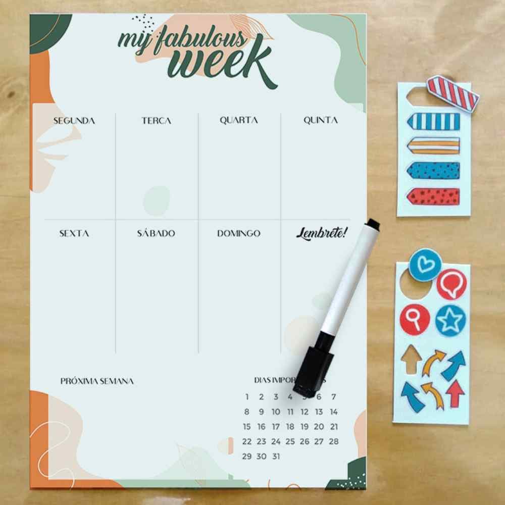 Planner Personalizado Magnético com Caneta Apagador e marcadores com imã - Planejamento Semanal - Planejador Semanal