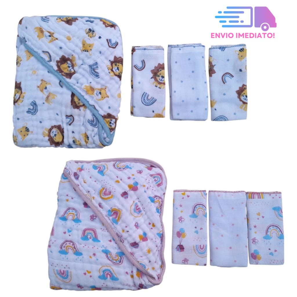 Toalha de banho fralda soft com capuz + 3 Panos de Boca Menino Menina
