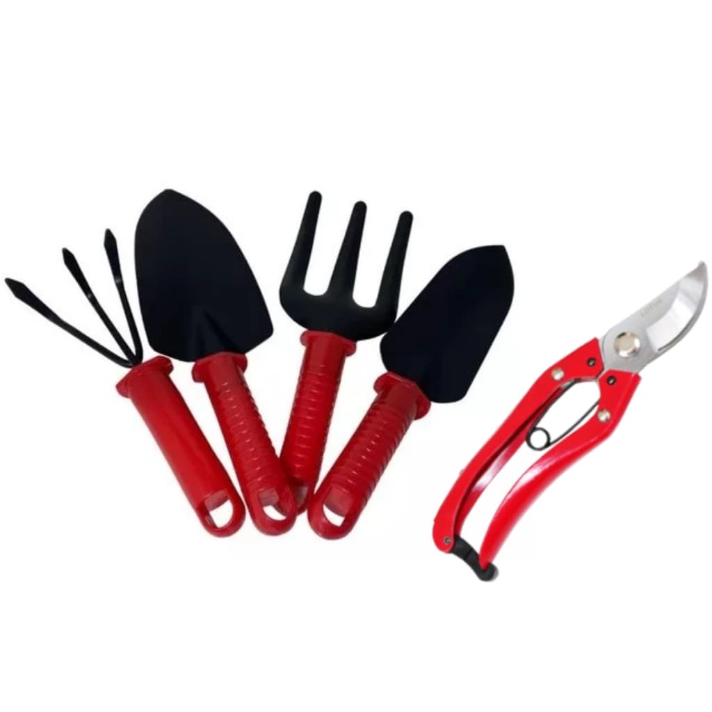 Kit 5 Peças de  Jardinagem Pá Larga Pá estreita Garfo Ancinho 3 dentes  Tesoura de Poda para Jardim