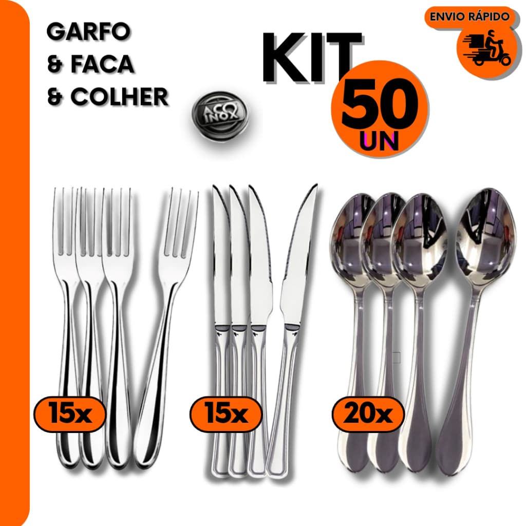 Kit 48 Talheres de Mesa 15 Garfo 15 Faca e 18 Colher de Mesa p/ Jantar Bar Casa e Restaurante