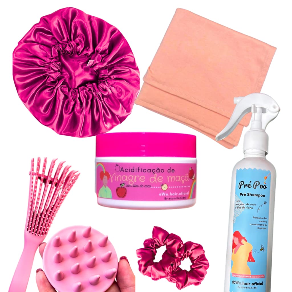 KIT banho premium cabelo touca de cetim + toalha de algodão + escovas + pre poo