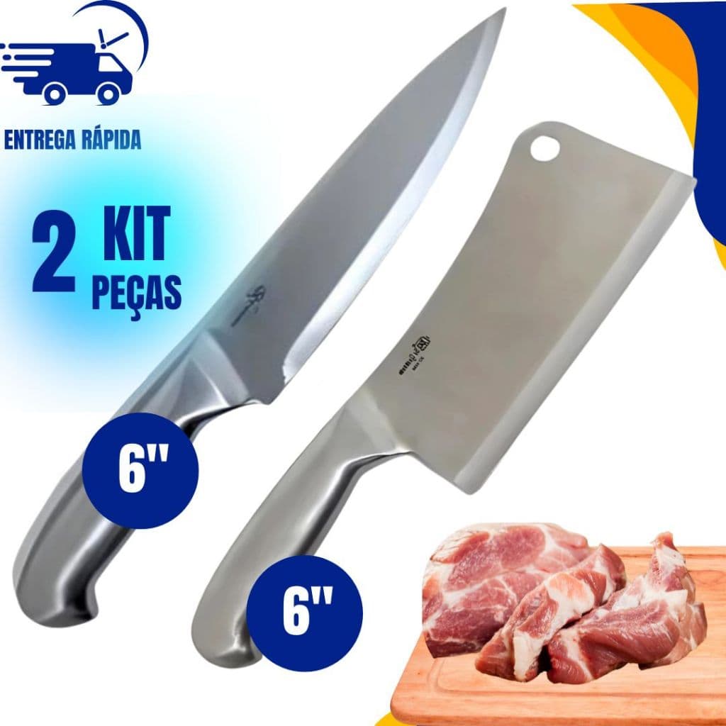 1 Faca Cutelo 6'' e 1 Faca peixeira 6" Inox Profissional Lâmina Corte de Precisão Churrasco Açougue