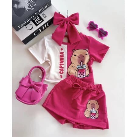 Conjunto Infantil menina Blusa + Short Saia Conjunto Capivara 4-14