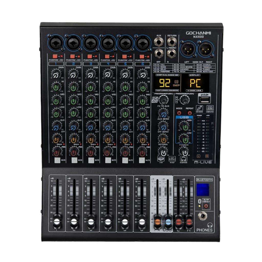 Mesa de Som  Gochanmi NX600 Mixer DJ 6 Canais USB com 48V 99 DSP  110v/220v